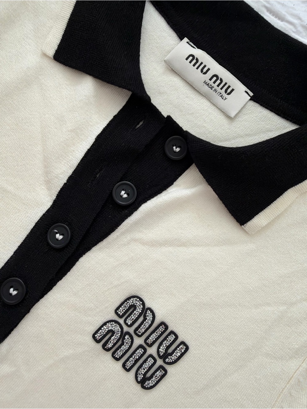 Miu Miu Cream & Black Knit Polo Top